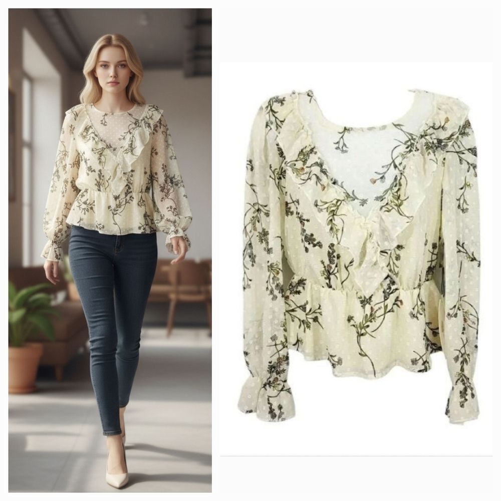 NEW June & Hudson Floral Chiffon Puff Shoulder Coquette Blouse in Ivory Size S